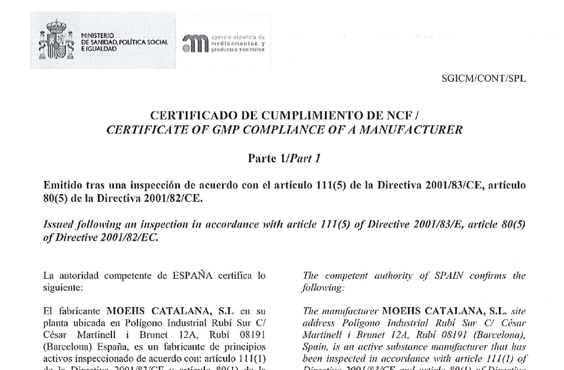 Certificados GMP actualizados para las plantas del grupo MOEHS